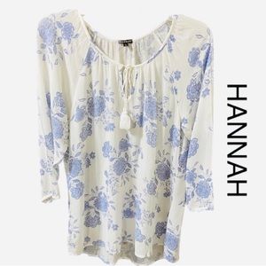 HANNAH Boho Prairie Floral Top  W/Neck-tie Tassels 3/4 Sleeves Light Airy Size L